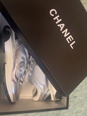 Chanel Silver & White CC Logo Sneakers | Size 8 women| w/ Box